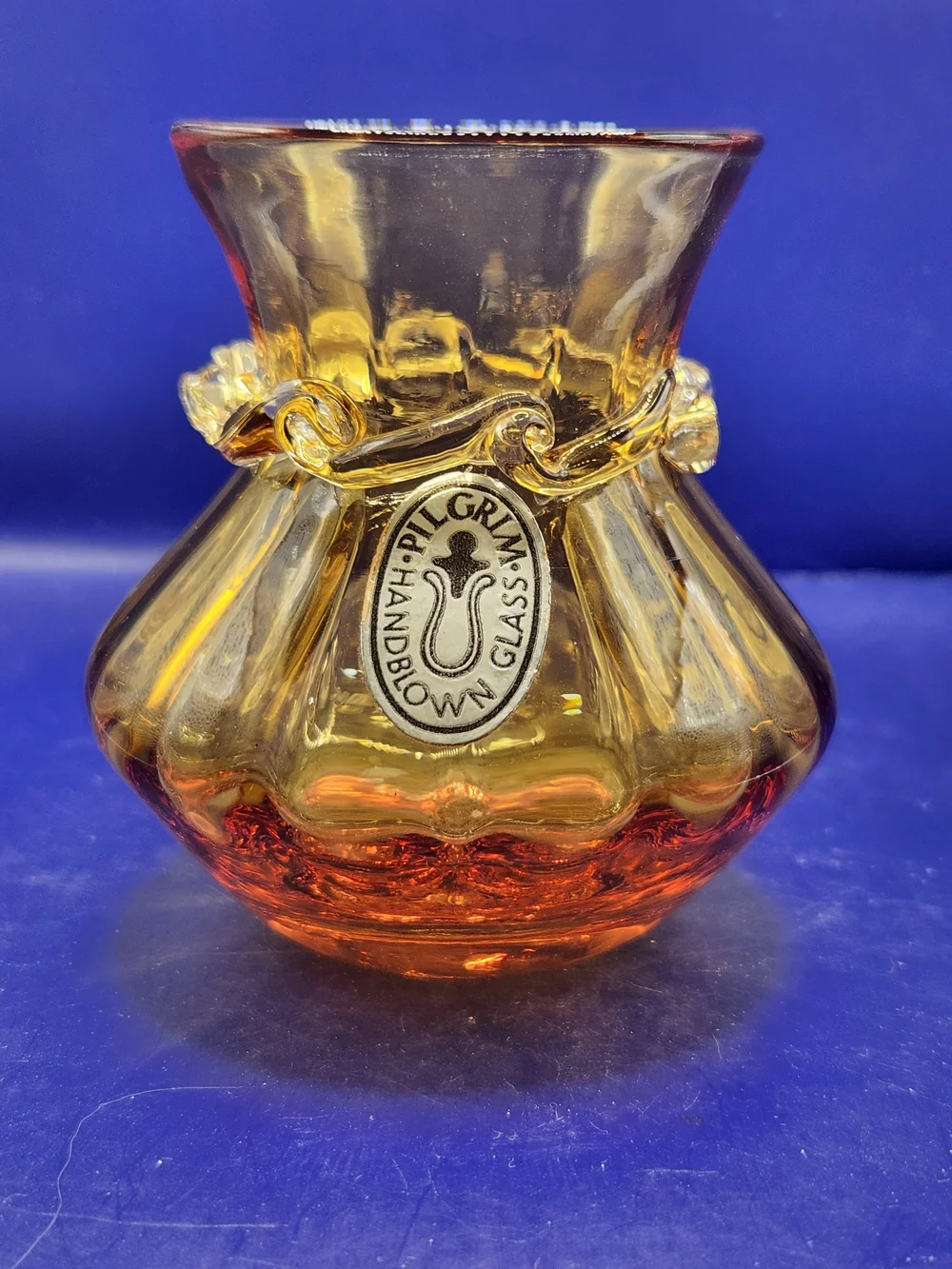 Vintage Pilgrim Glass Hand-blown Amberina Vase W/Applied Rigaree